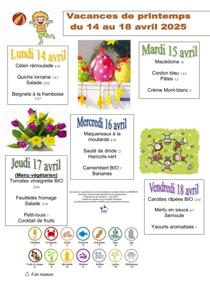 Menu de cantine de la semaine du 14 au 18 avril 2025, vacance de printemps