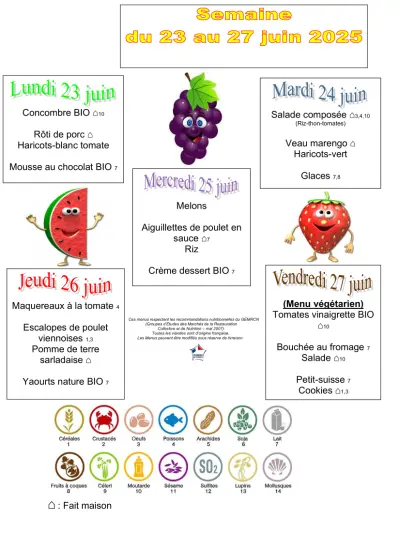 Menu de cantine de la semaine du 23 au 27 juin 2025