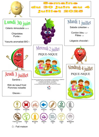 Menu de cantine de la semaine du 30 juin au 4 juillet 2025
