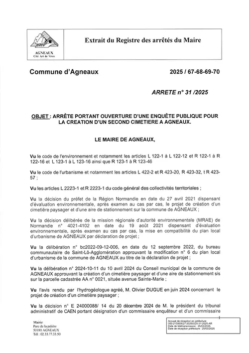 Arrêté portant l'ouverture d'une enquête publique pour la création d'un second cimetière a Agenaux