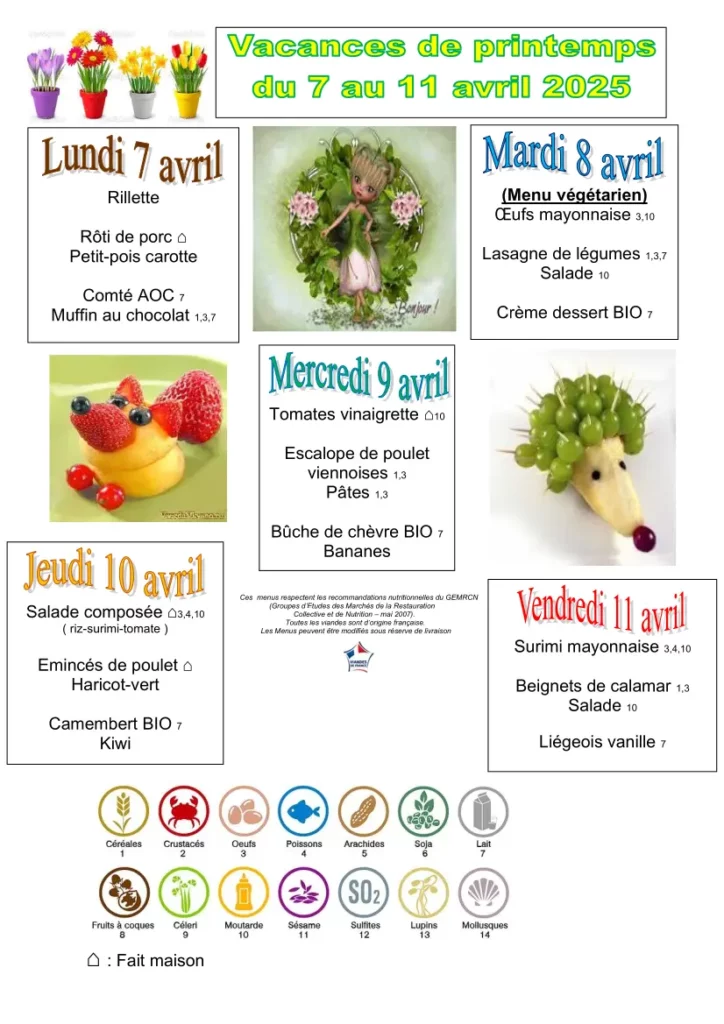 Menu de cantine de la semaine du 7 au 11 avril 2025, vacance de printemps