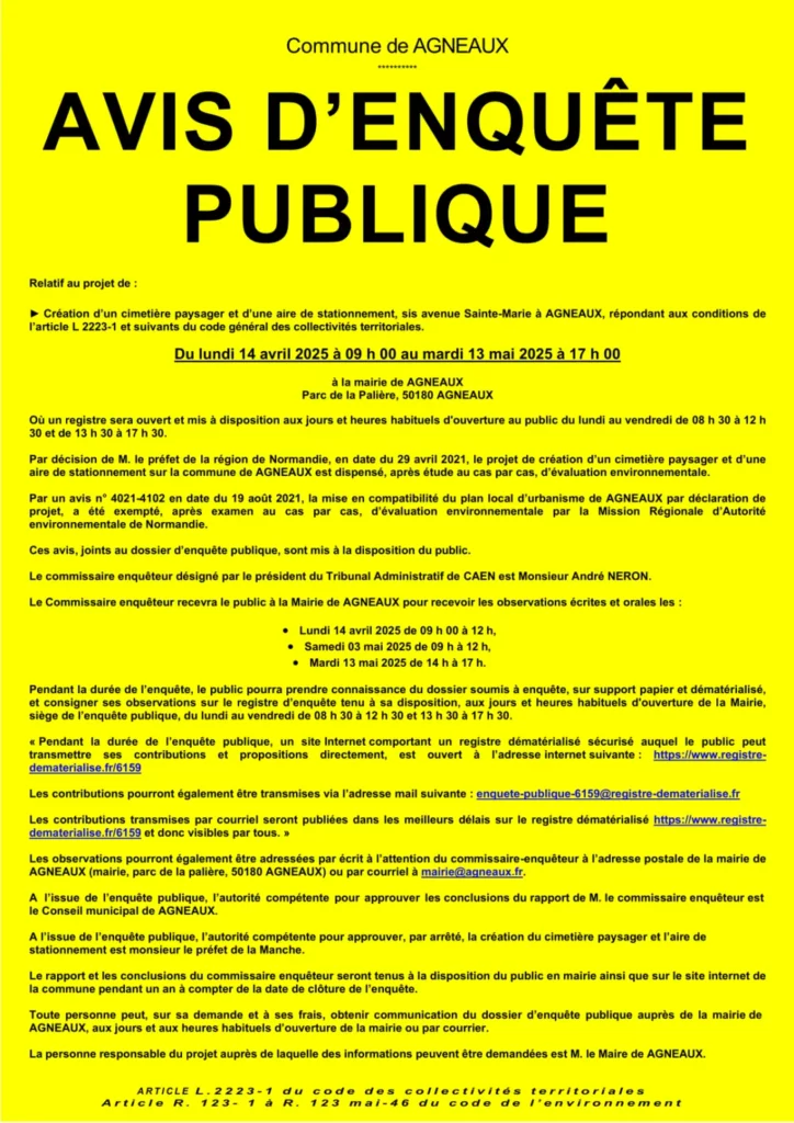 Avis d'enquête publique pour la création d'un deuxième cimetière a agneaux