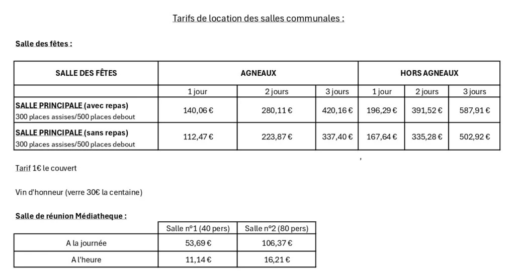 Tarif location salle