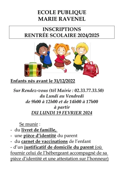 Affiche pour les inscriptions a l'école Marie Ravenel